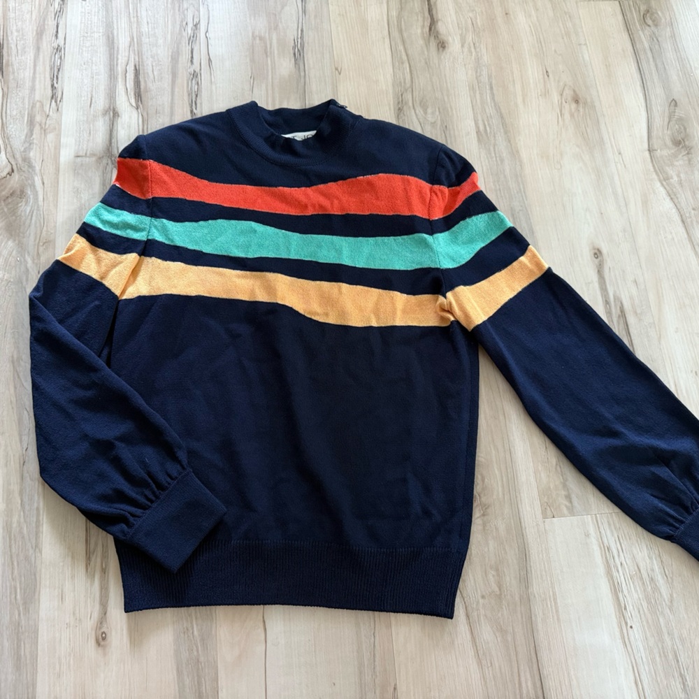 St. John Navy Knit Mockneck Color Wave Stripe Sweater S